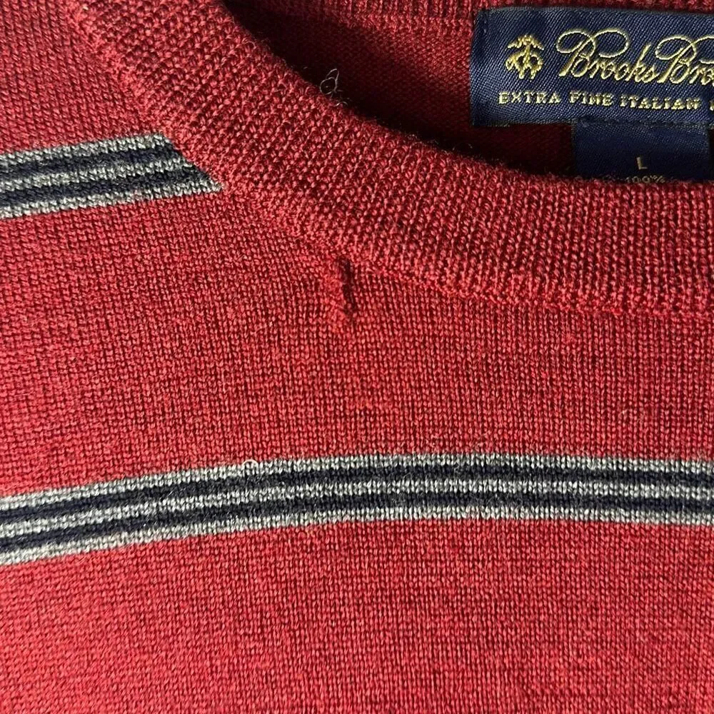 Brooks Brothers Mens Extra Fine Merino Wool Red Blue Gray Striped Sweater size L